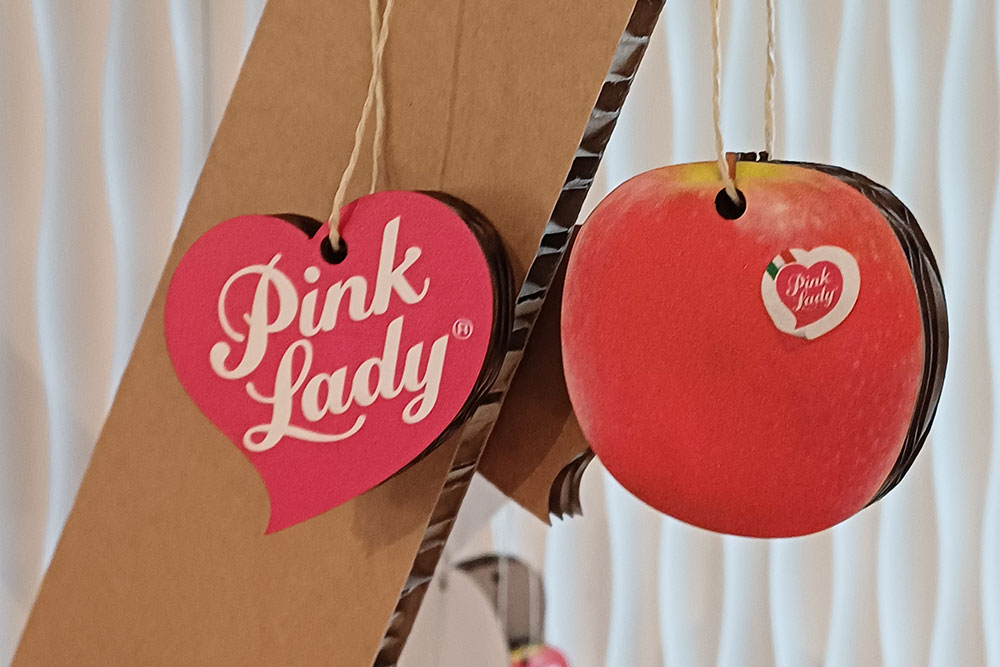 Für die Pink Lady-Veranstaltung stellt Rippotai einen Apfelbaum aus Pappe auf