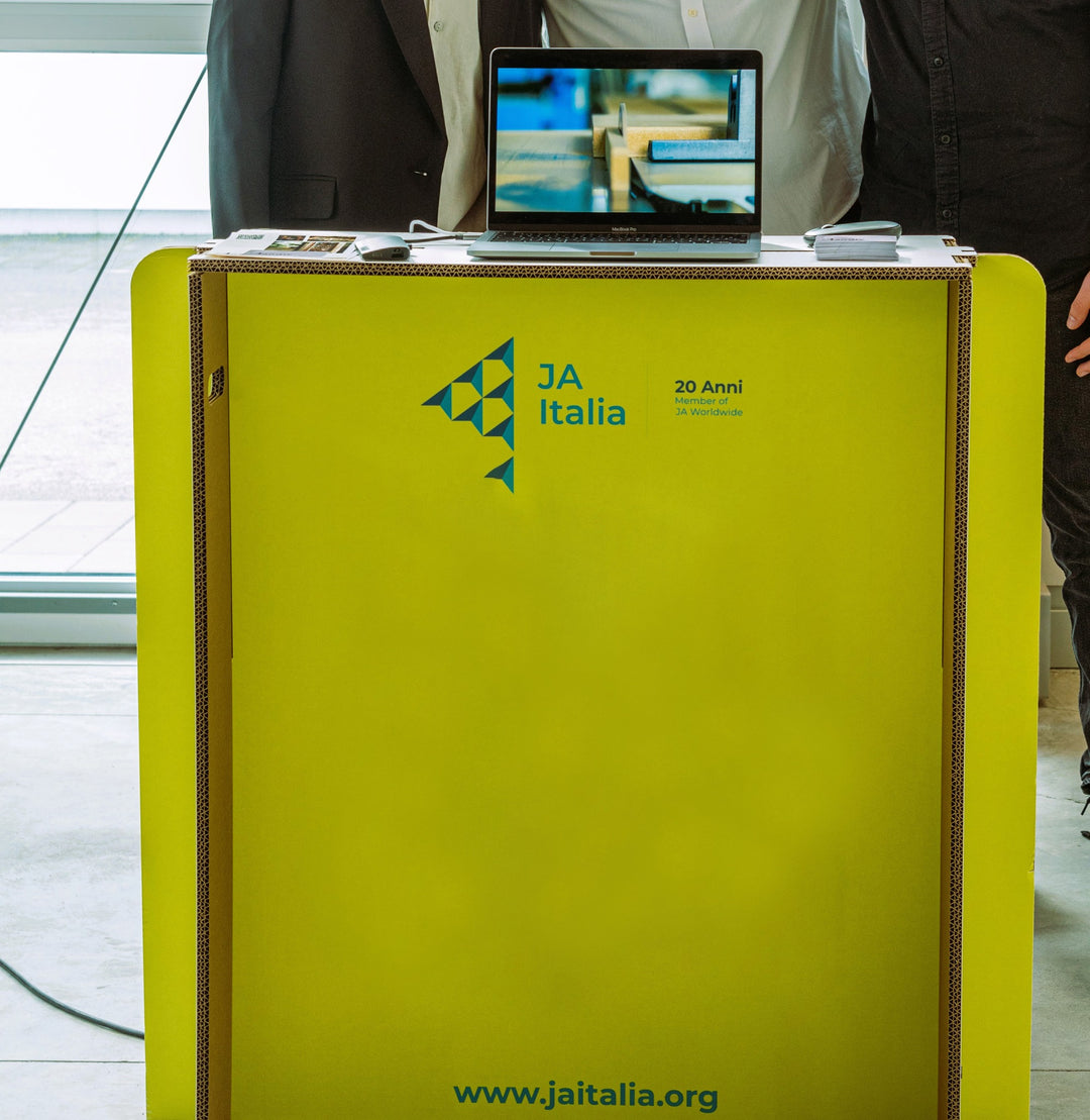 Ecological cardboard desks for Ja Italia